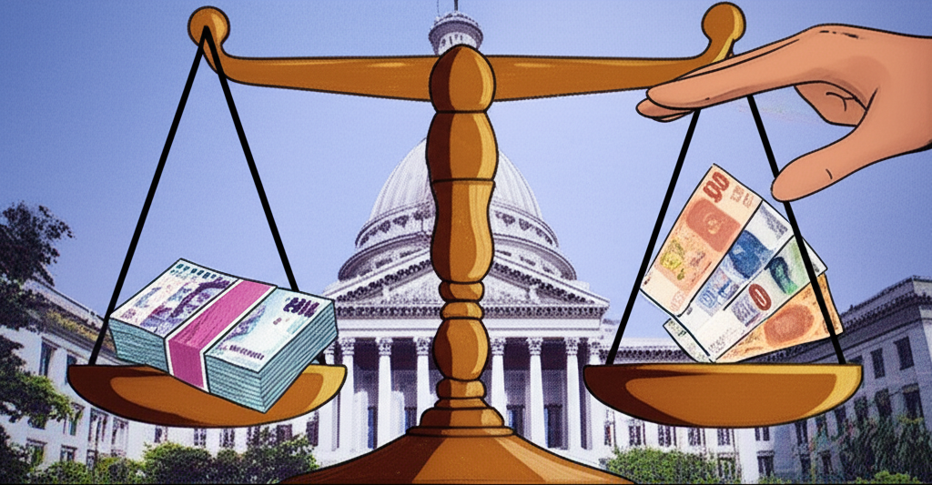 天平一側放台幣鈔票,另一側放美元、日圓、歐元等多種外幣鈔票,台幣側向下傾斜表示貶值,背景有中央銀行建築與隱約的手在調節天平,象徵政策干預