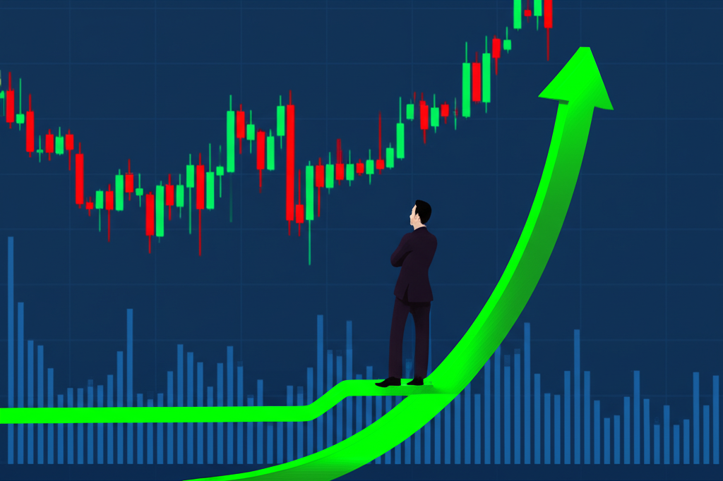 順勢交易策略示意圖:市場上漲趨勢線與跟隨箭頭,象徵交易者自信追隨趨勢