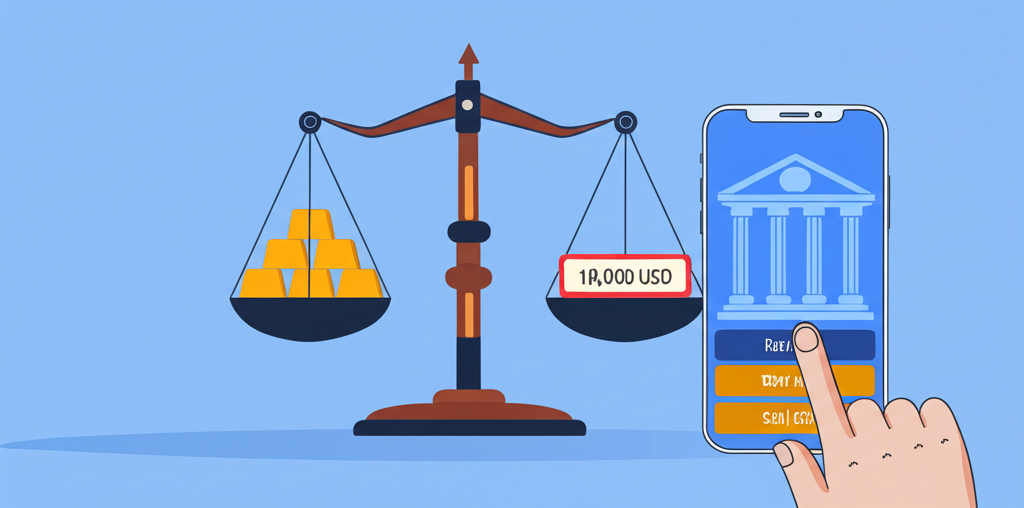 黃金存摺比較插圖,顯示天平一側金條與另一側數位貨幣,手與銀行App互動買賣黃金