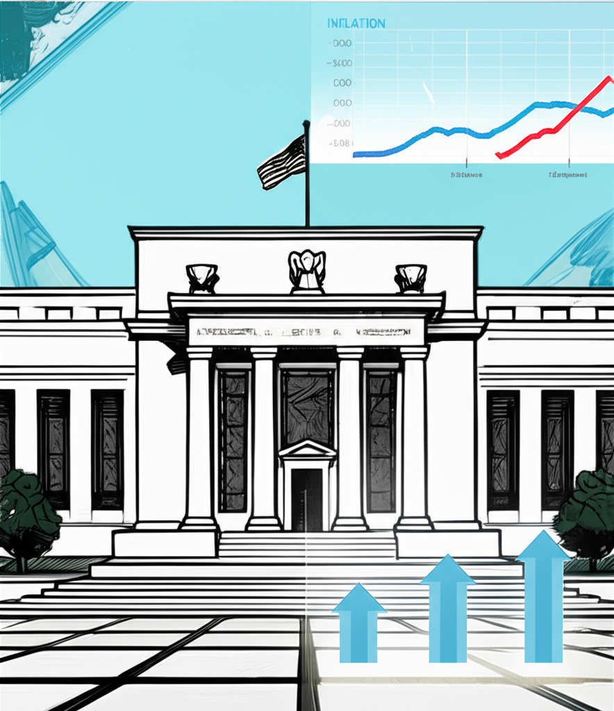 美國聯準會建築與利率變動箭頭,前景顯示通膨和就業經濟數據圖表