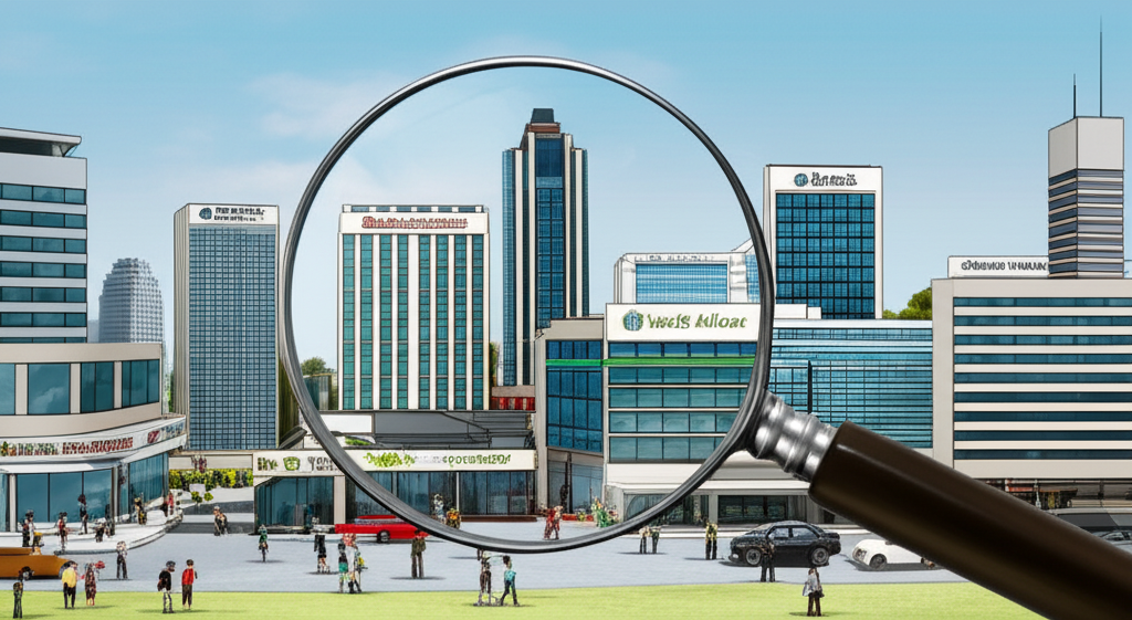 Magnifying glass over South African financial market with banks, brokers and consumers