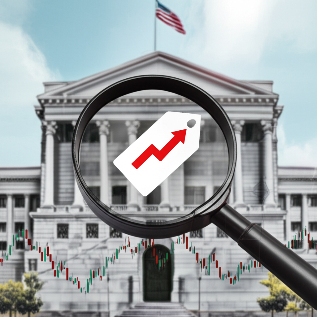 放大鏡檢查價格標籤伴隨上升箭頭、中央銀行建築背景與波動股票圖表,代表CPI對市場的影響