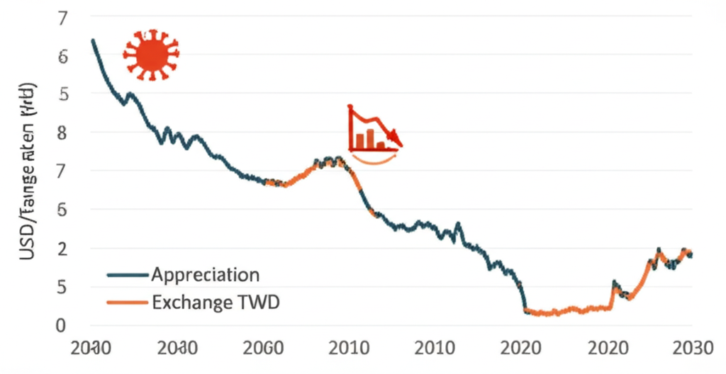 美金兌新台幣匯率歷史時間線,標註疫情和經濟危機等關鍵事件
