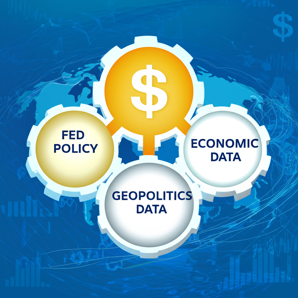 美元趨勢三大核心驅動力的插圖，顯示Fed政策、經濟數據與地緣政治的齒輪連結中央美元符號，背景有抽象全球經濟元素