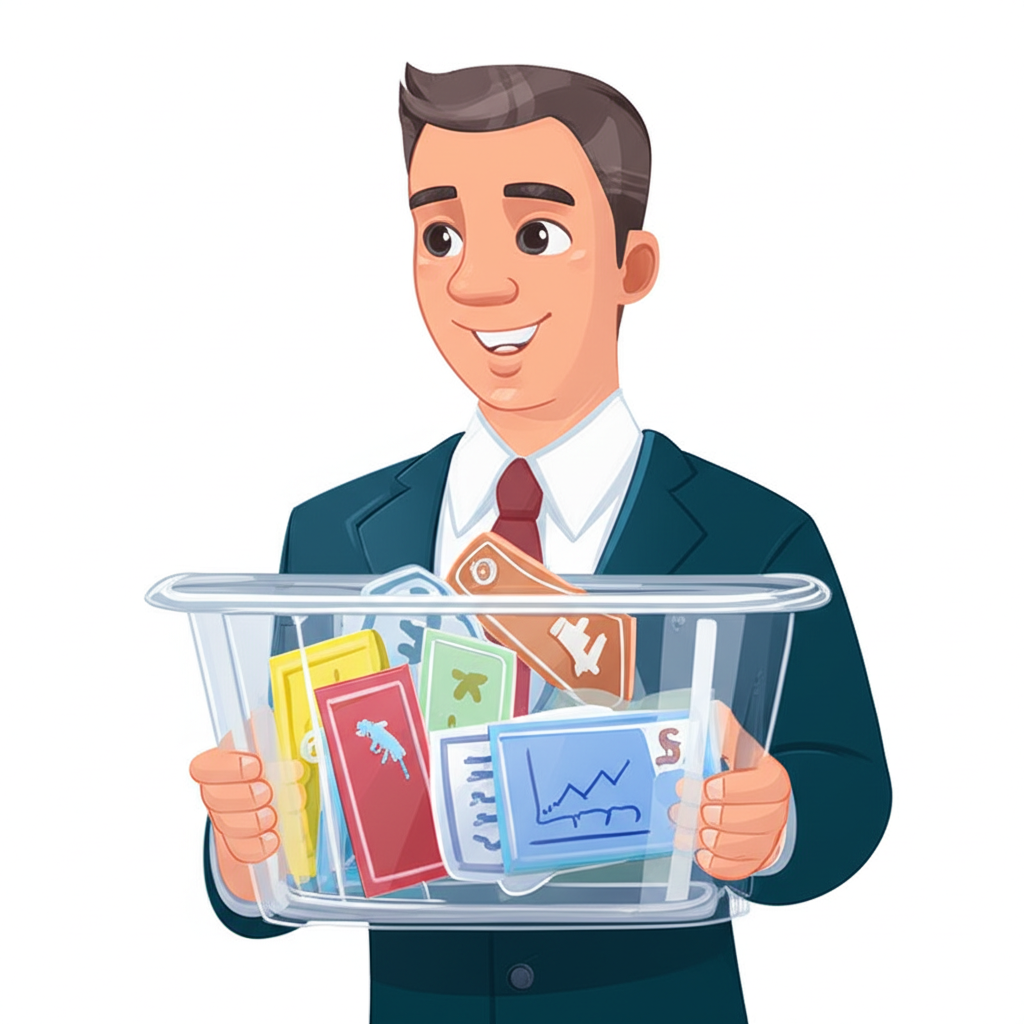 投資者手持透明籃子裝滿多樣化小型股票和債券，象徵ETF的分散投資概念