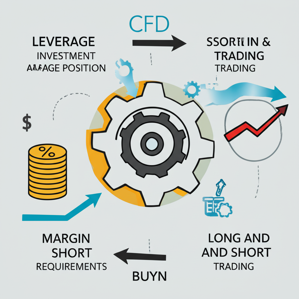 CFD核心機制示意圖,包括槓桿交易、保證金制度及多空操作的靈活性