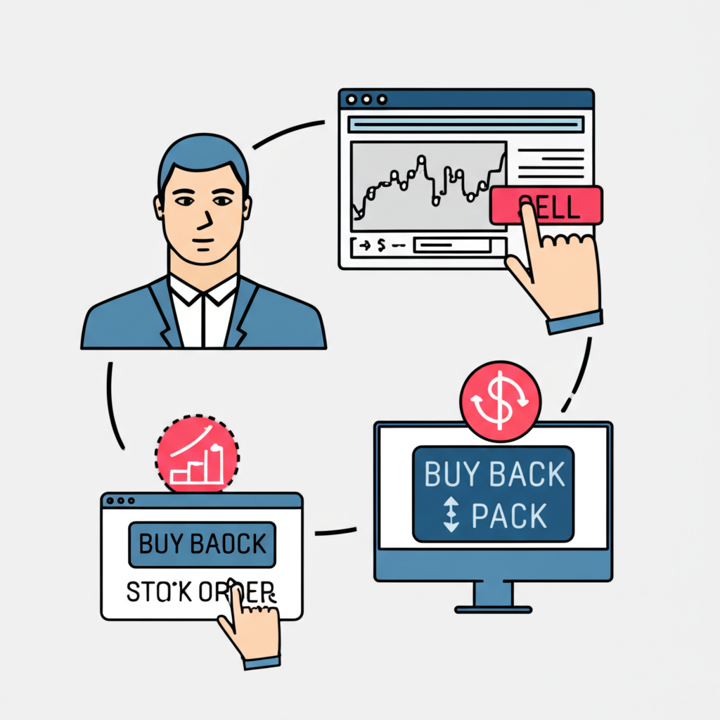 投資者分析股價趨勢、下單賣出並監控回補時機的交易流程插圖