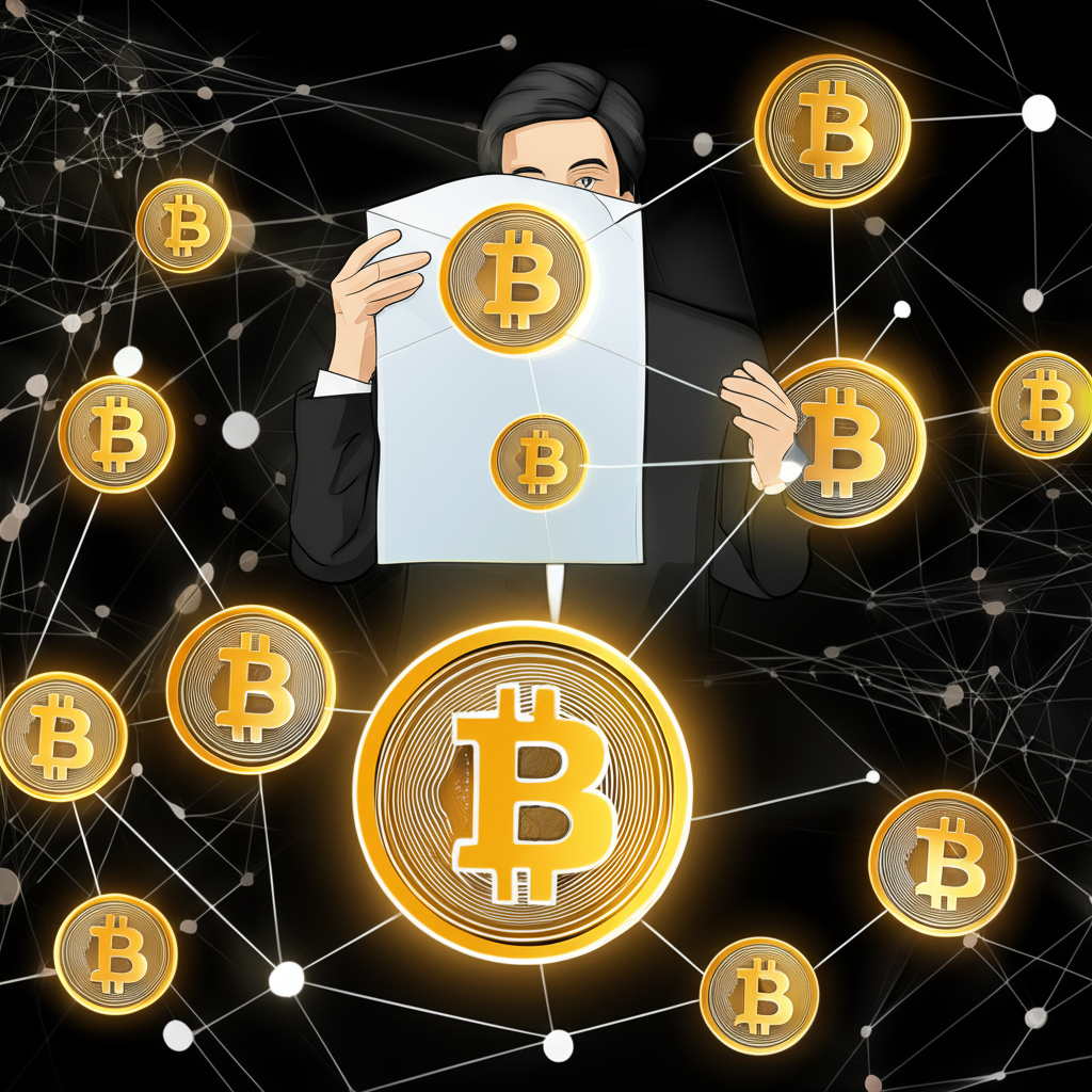 Satoshi Nakamoto unveiling blockchain whitepaper with bitcoin symbols and network nodes