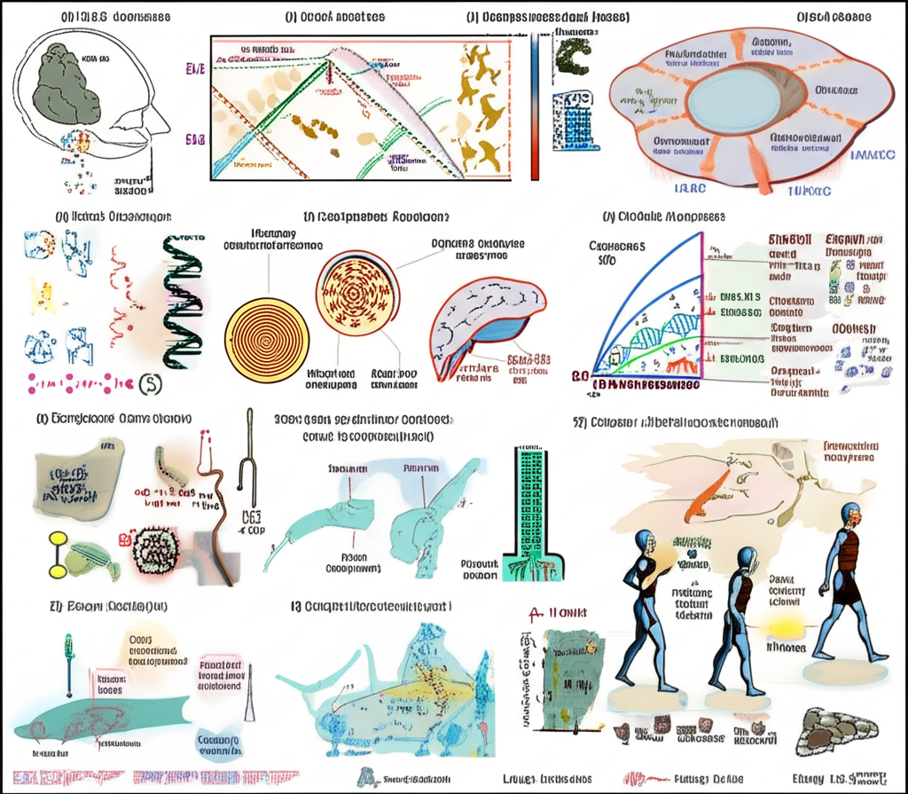 型態學演進插圖:從描述到比較、功能與發育分析,科學符號與圖表展現跨學科發展