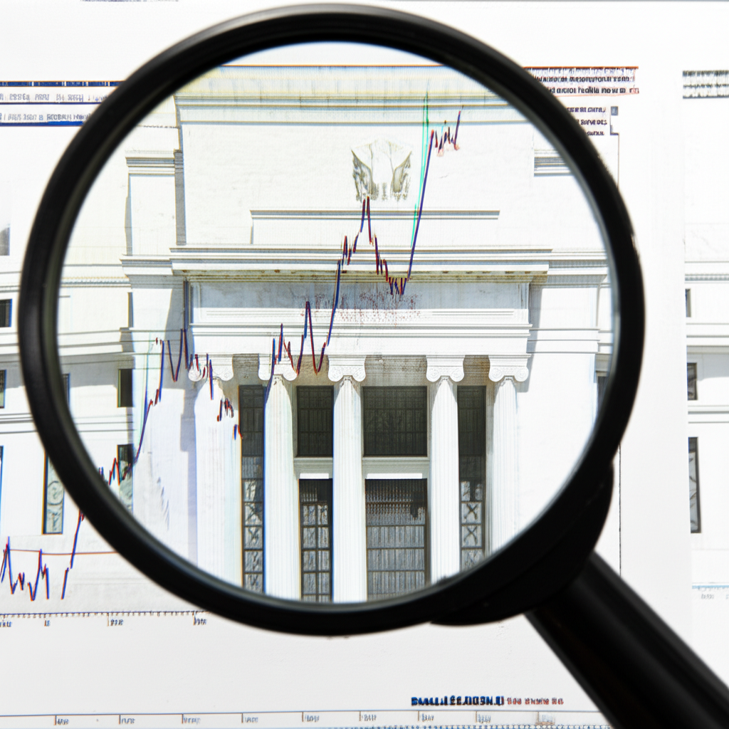 放大鏡檢視消費者物價指數圖表的插圖，背景為聯準會建築，象徵通膨監測