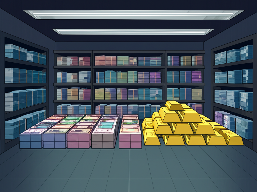 安全國家金庫內充滿各國貨幣與黃金的插圖,象徵中央銀行外匯存底作為經濟強箱的角色