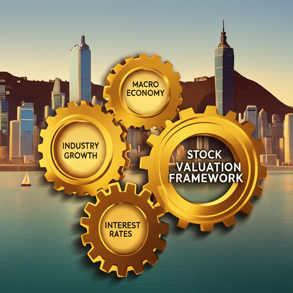產業成長、宏觀經濟與利率政策互動的齒輪圖,台灣與香港地標背景下的股票估值框架