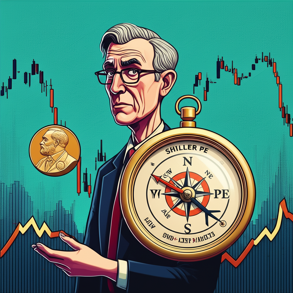 一位睿智投資者手持標有席勒本益比的指南針,在波動的股市中航行,象徵長期估值指引並致敬諾貝爾獎榮譽