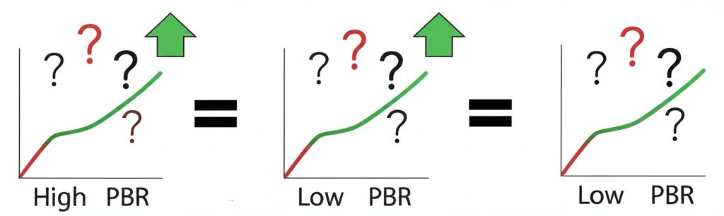 顯示 PBR 三種情境的高 PBR 成長箭頭、低 PBR 問號、平衡 PBR 等號