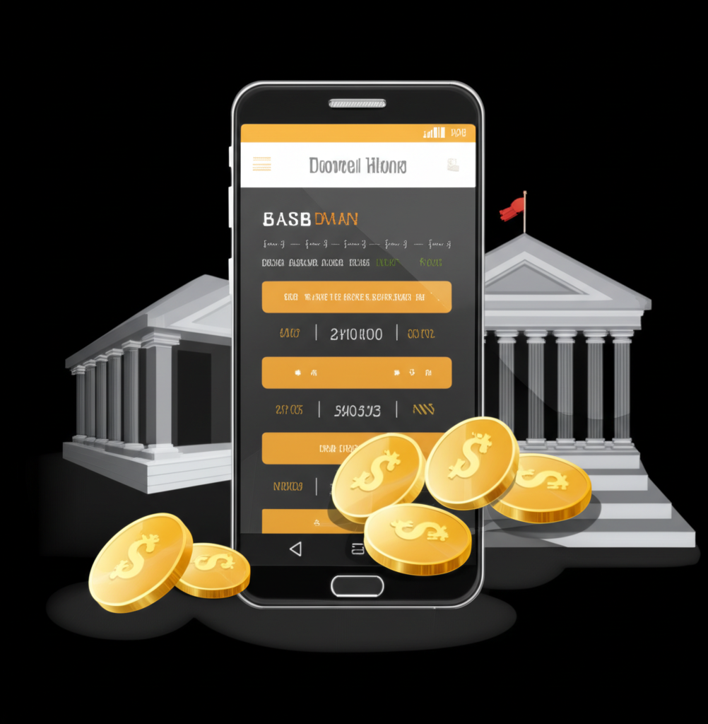 黃金存摺數位交易插圖,顯示手機畫面上的黃金存摺與金幣及銀行建築背景,代表無需實體持有即可輕鬆交易黃金