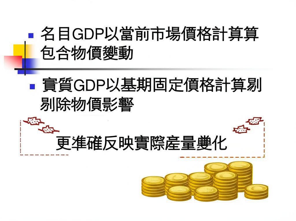 名目GDP與實質GDP比較圖:名目包含物價變動,實質以基期價格剔除影響,更準確反映實際產量