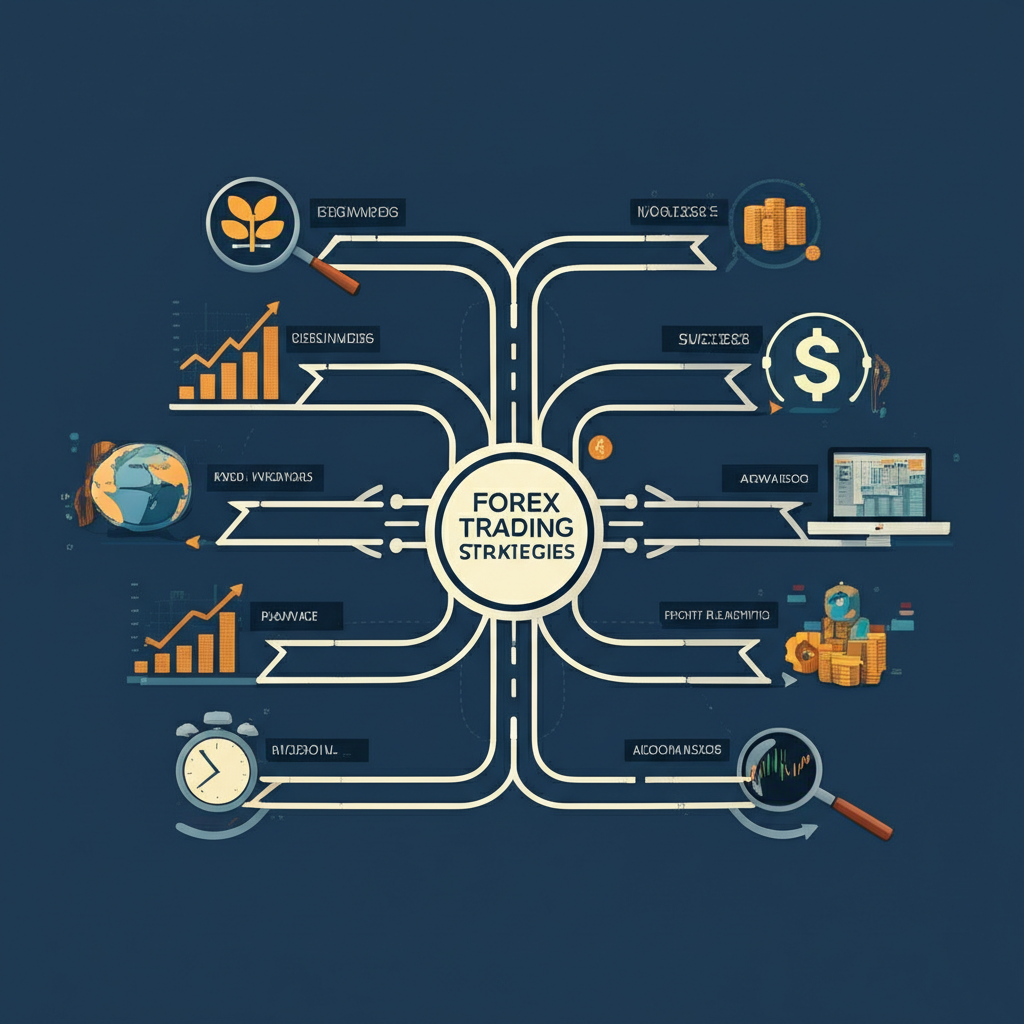 外匯交易策略全面指南插圖,呈現八種路徑地圖,引導新手與進階投資者邁向成功與獲利藍圖