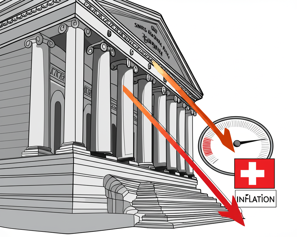 瑞士國家銀行建築,下行箭頭指向利率表,下行箭頭指向通膨圖表