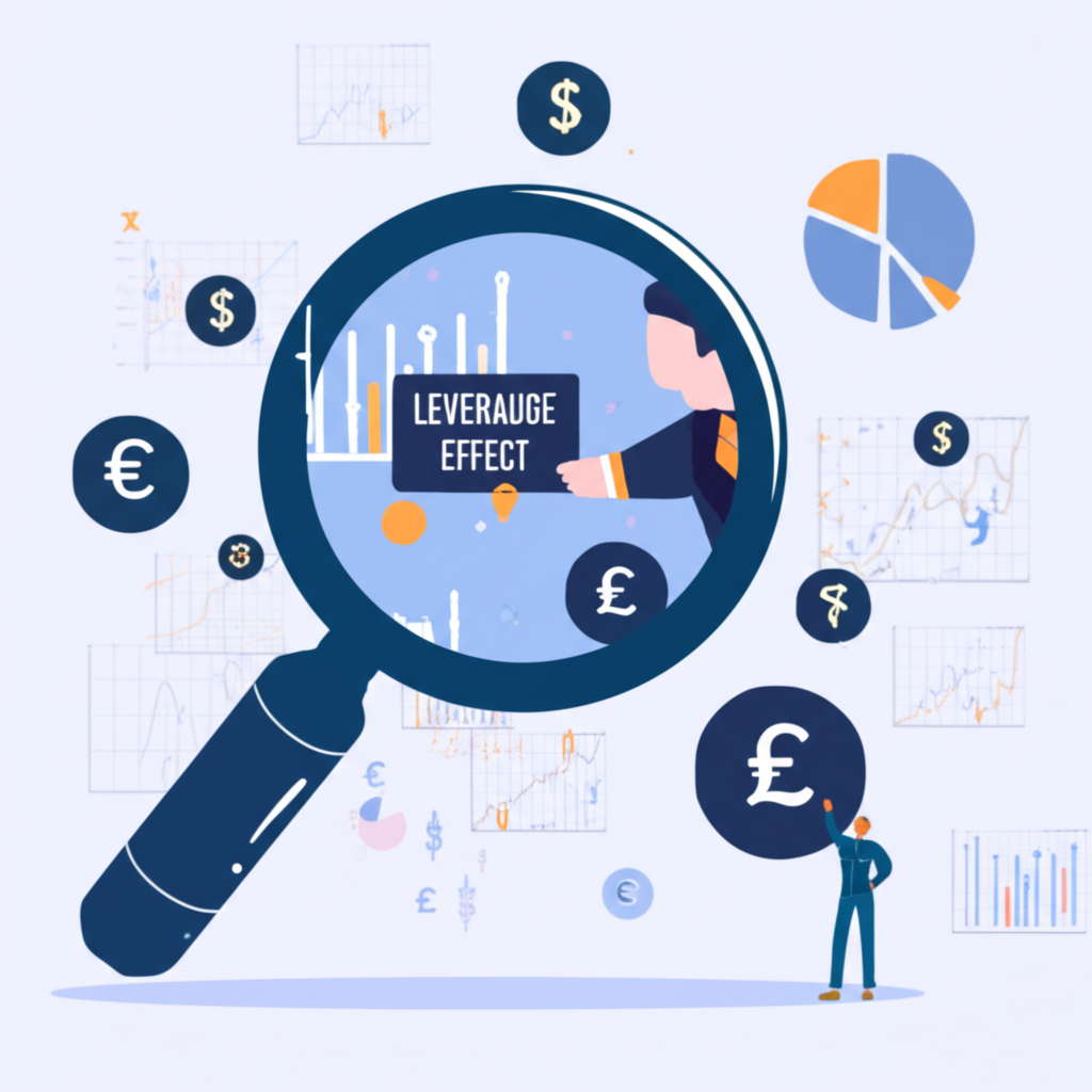 An illustration of a person confidently navigating a complex global financial market represented by currency symbols and charts with a magnifying glass showing leverage effect