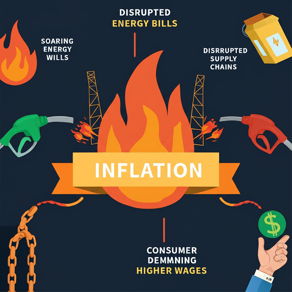 經濟壓力插圖，描繪能源帳單飆升、供應鏈中斷與消費者爭取加薪，共同推升通膨