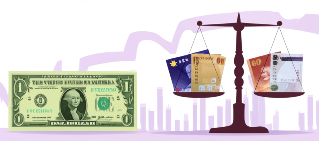 美金鈔票變大,對比較小的台幣與港幣,象徵升值與市場供需動態