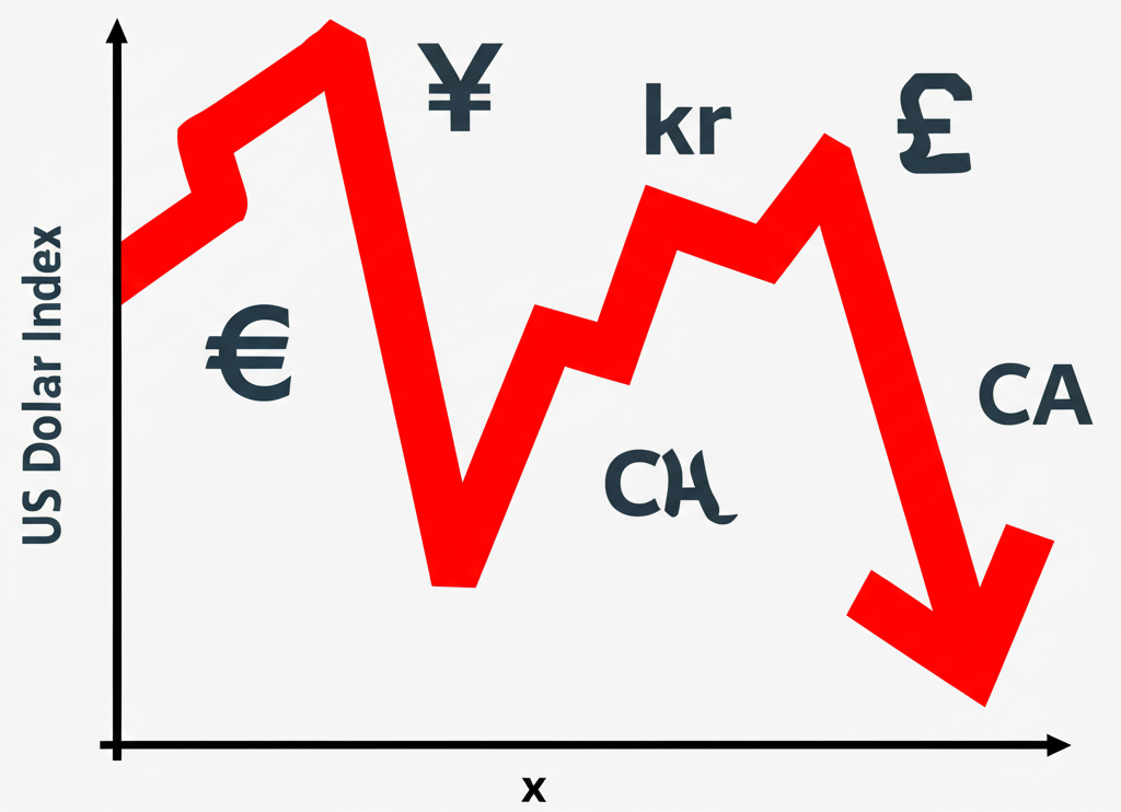 美元指數下跌走勢圖:向下趨勢線周圍環繞歐元、日圓、英鎊、加幣、瑞典克朗和瑞士法郎符號,顯示美元整體弱勢