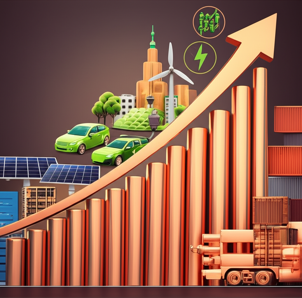 銅價走勢圖插圖,受全球經濟成長、綠色能源、電動車與供應鏈因素影響,周圍環繞相關圖示