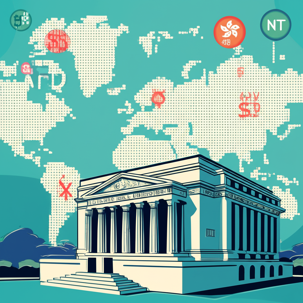 美元匯率影響因素的複雜網絡,包括聯準會、經濟數據與地緣政治圖示