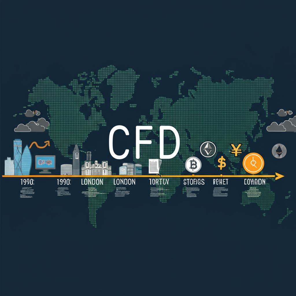 CFD歷史插圖,從1990年代倫敦起源到全球流行線上交易工具,涵蓋股票、外匯與加密貨幣等資產類別