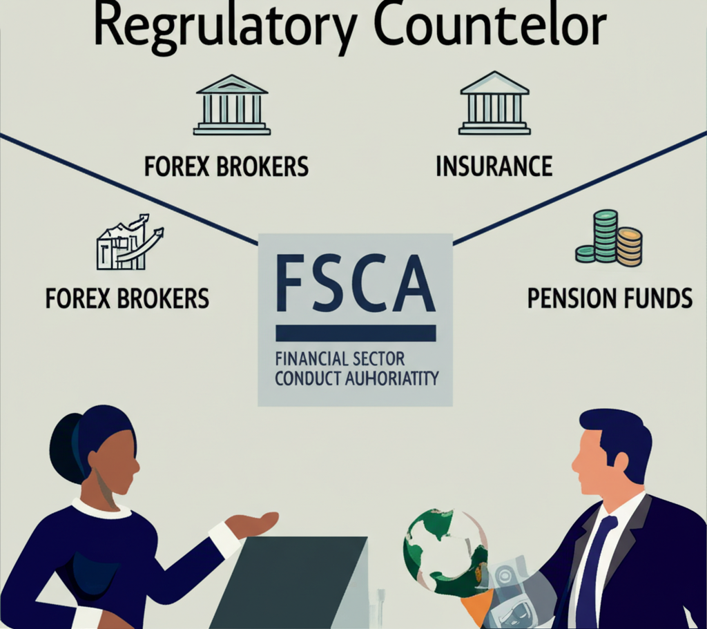 多樣金融機構如外匯經紀商、保險公司和銀行在FSCA框架下運作的插圖,強調合規與透明