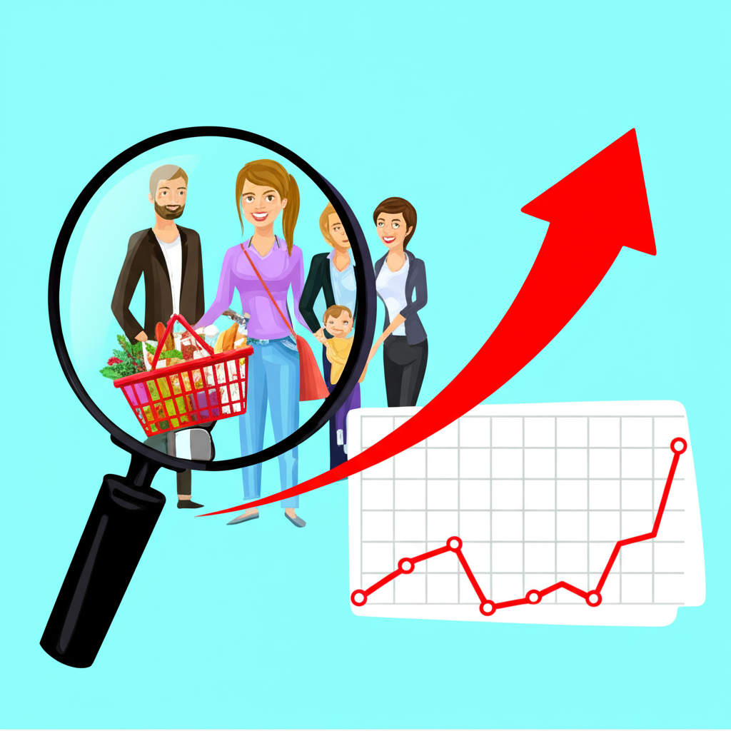 消費者物價指數 CPI 家庭購物籃子與價格上漲趨勢示意圖