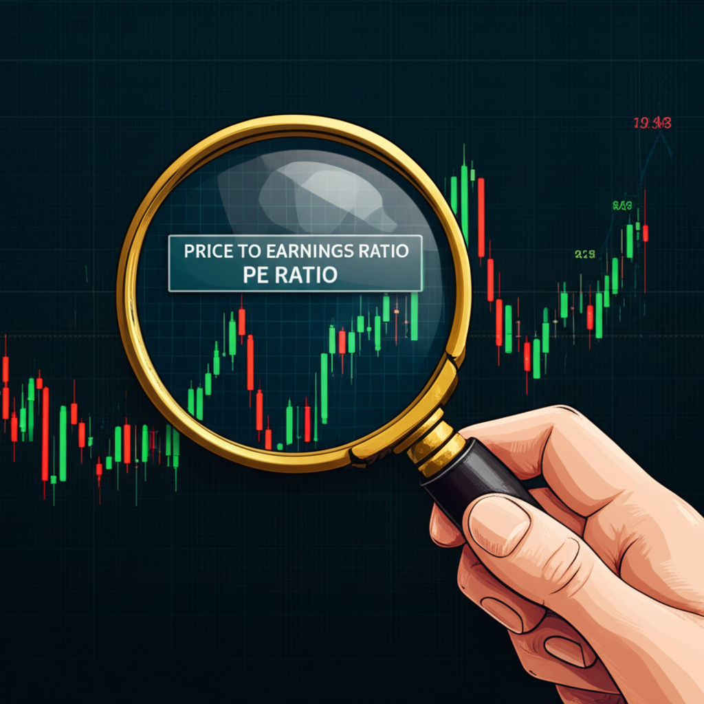 手持放大鏡檢視股票圖表,本益比明顯顯示,投資人為每元公司盈餘支付多少的簡單視覺解釋