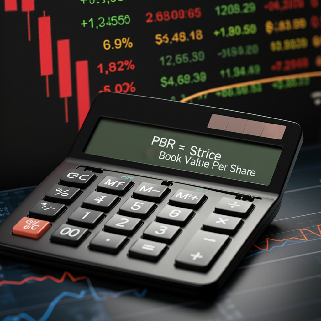 計算器顯示 PBR 公式股價除以每股淨值，背景有財務圖表和股票代碼