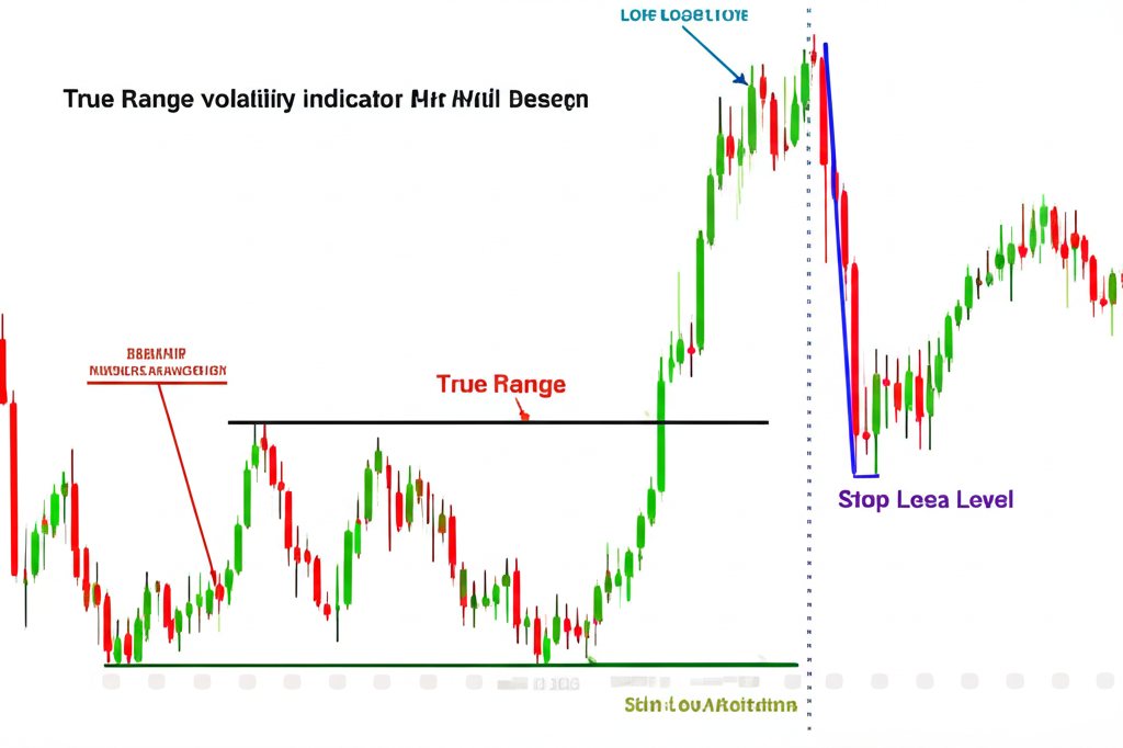 金融圖表展示真實波幅計算,包括高低點,強調純波動指標幫助交易者評估風險與設定止損的插圖
