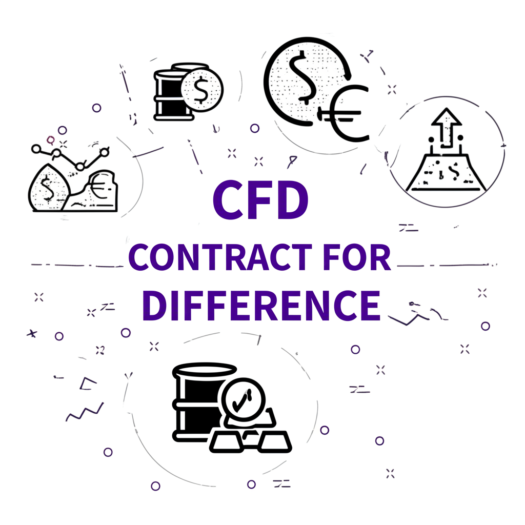 CFD差價合約插圖,展示金融衍生工具允許投機資產價格變動而不實際擁有,周圍環繞各種資產圖示