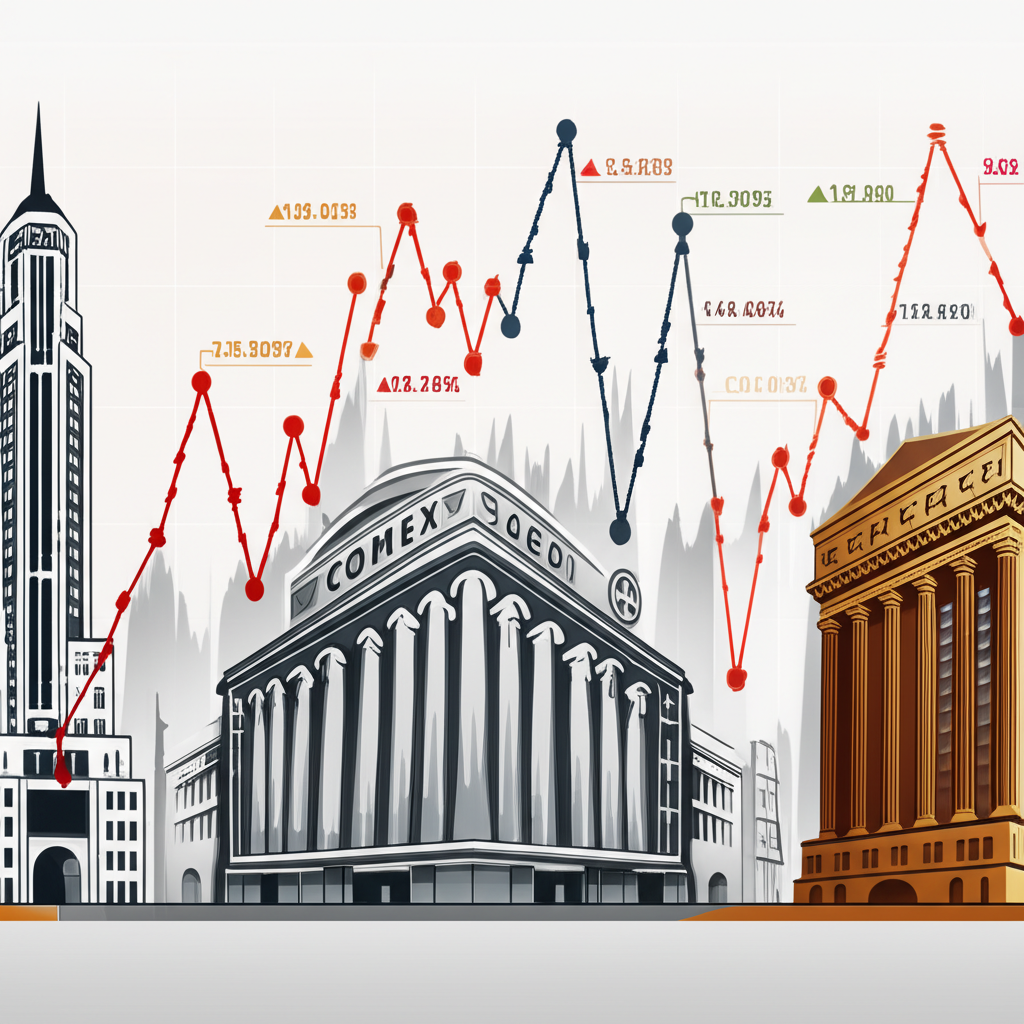 三座交易所建築代表LME、COMEX與SHFE,伴隨銅價圖表顯示即時市場波動與全球交易活力