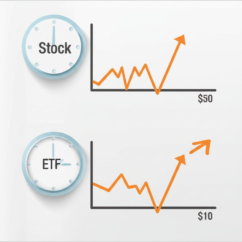 比較圖顯示單一股票高波動曲線與ETF平穩成長曲線，旁有時鐘圖示強調即時交易