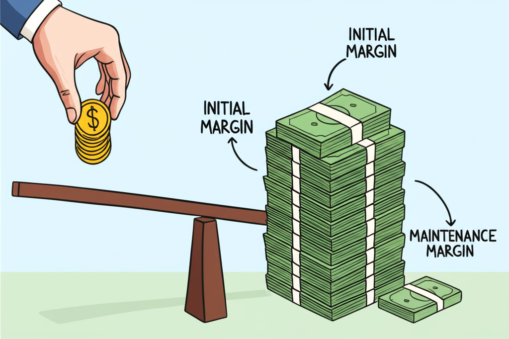 An illustration of a hand holding a small amount of money connected by a lever to a much larger amount of money with two distinct piles labeled initial margin and maintenance margin