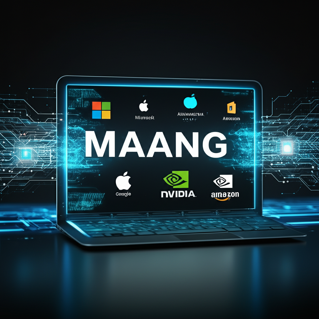 大型數位螢幕顯示MAANG縮寫,每個字母代表科技巨頭Microsoft、Apple、Alphabet、Nvidia、Amazon,周圍環繞抽象AI符號與資料流