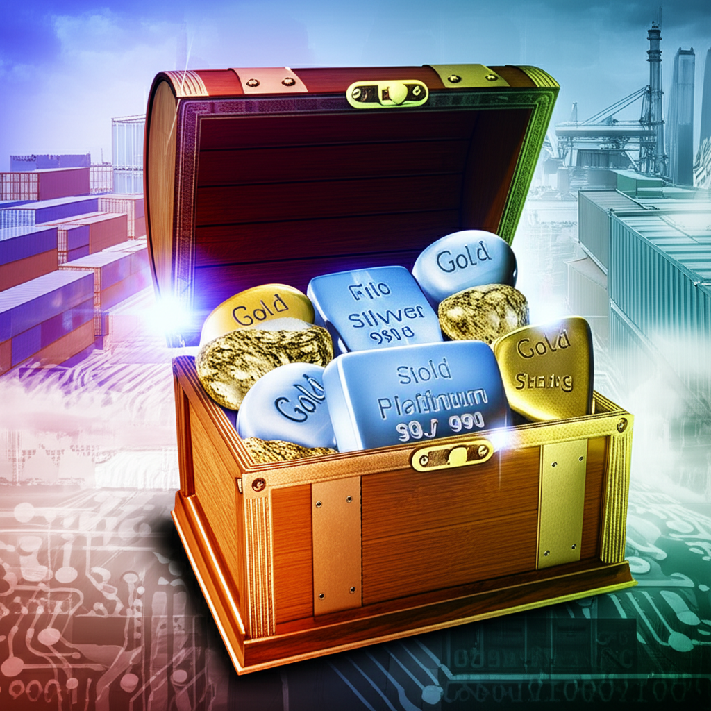 貴金屬如黃金白銀鉑金和鈀金在寶箱中閃耀象徵財富與穩定背景為全球經濟系統並帶有工業元素