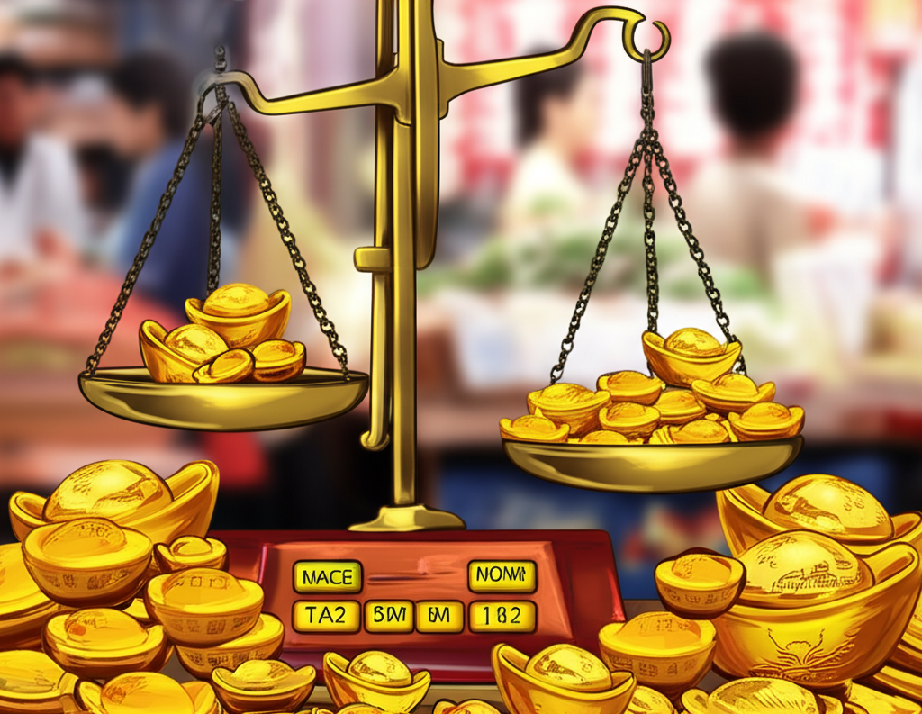 台灣傳統黃金秤重工具與單位展示,市場氛圍生動