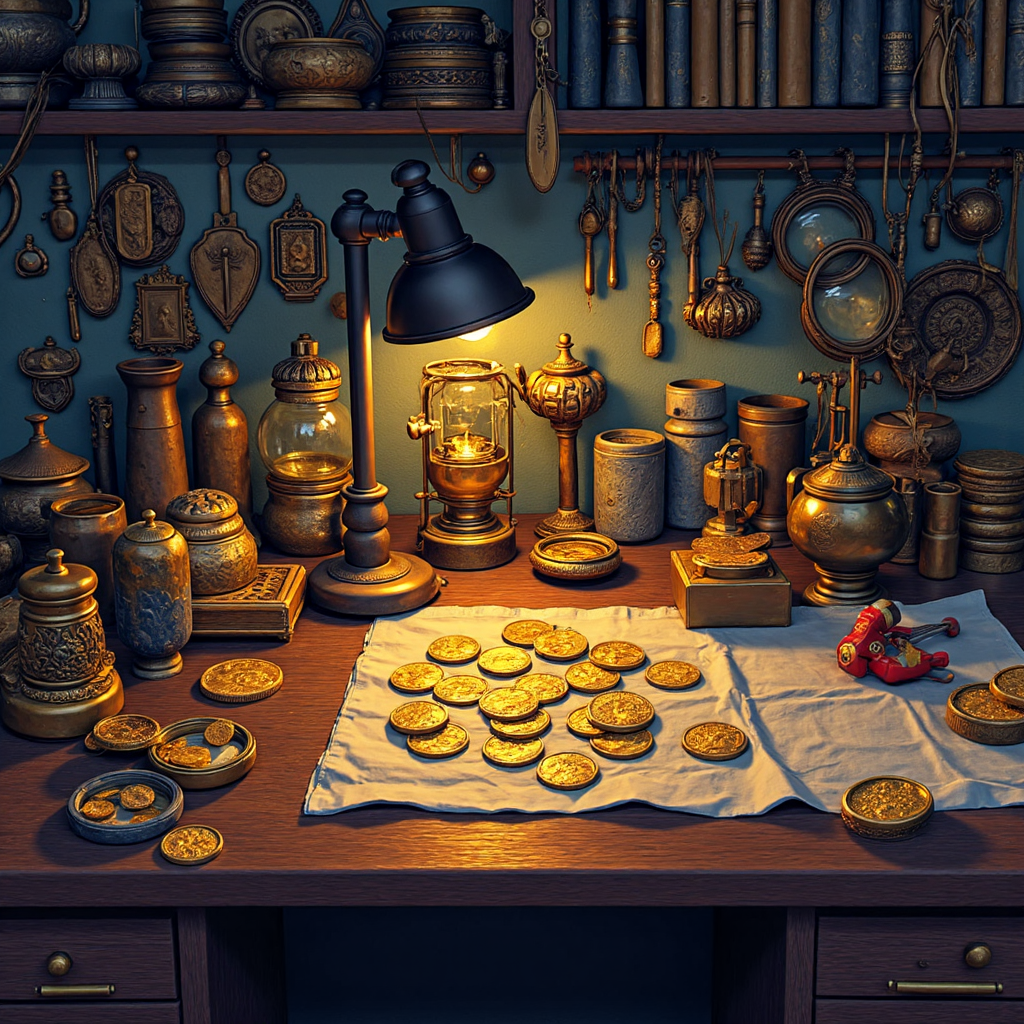 珠寶匠工作檯上黃金工具與錢兩單位的細節像素藝術圖