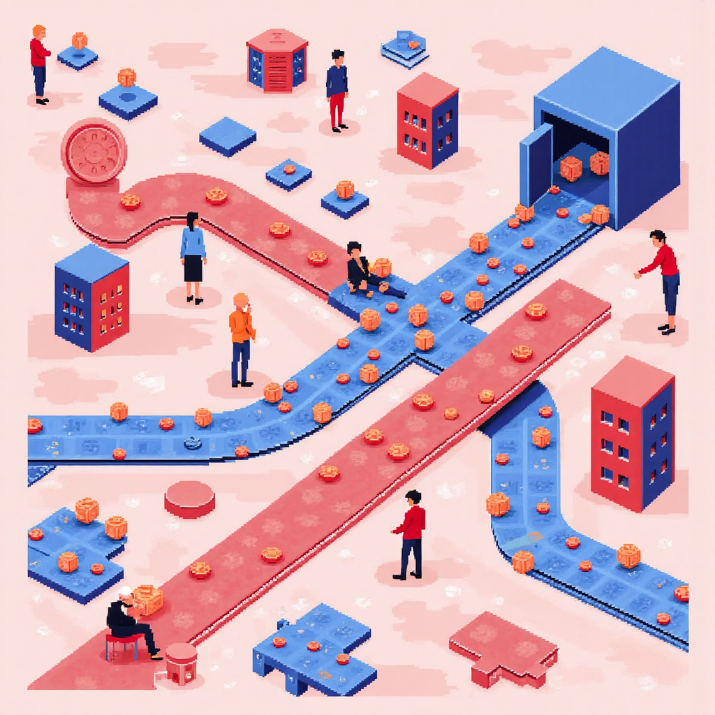 全球金融互聯像素藝術圖，歐元符號流向儲存庫與地緣政治混亂的抽象表示